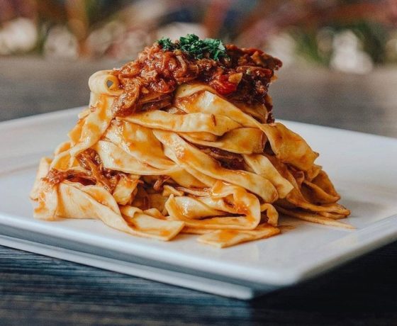 fettuccine topped with meat sauce