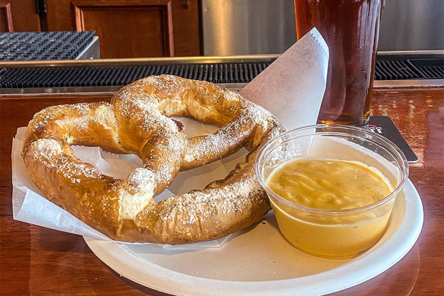 pretzel with side of cheese from berghoff in chicago