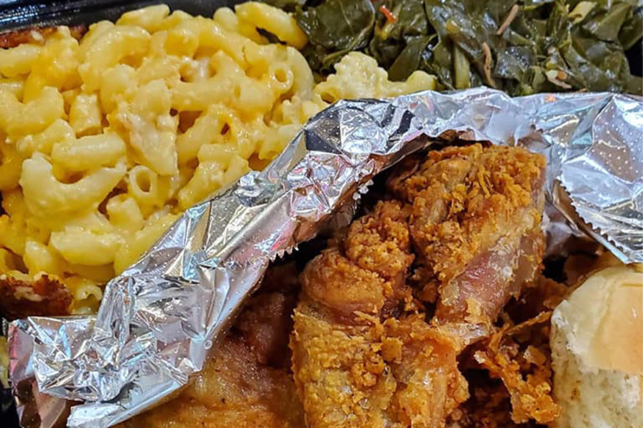 fried chicken with sides of mac and cheese and collards in philly