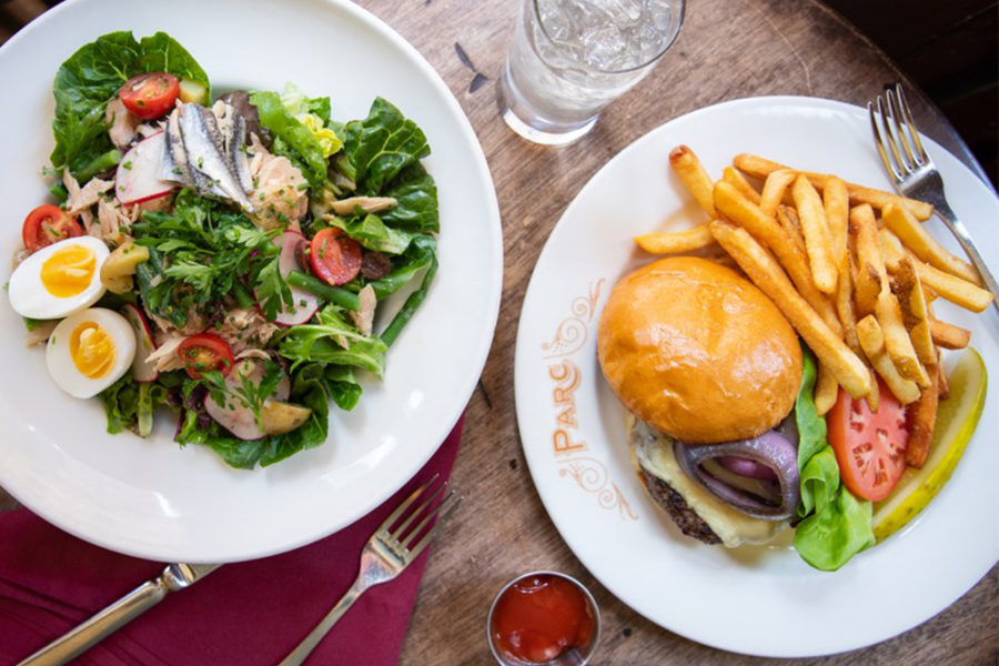 burger, side of fries, and side salad from parc in philly
