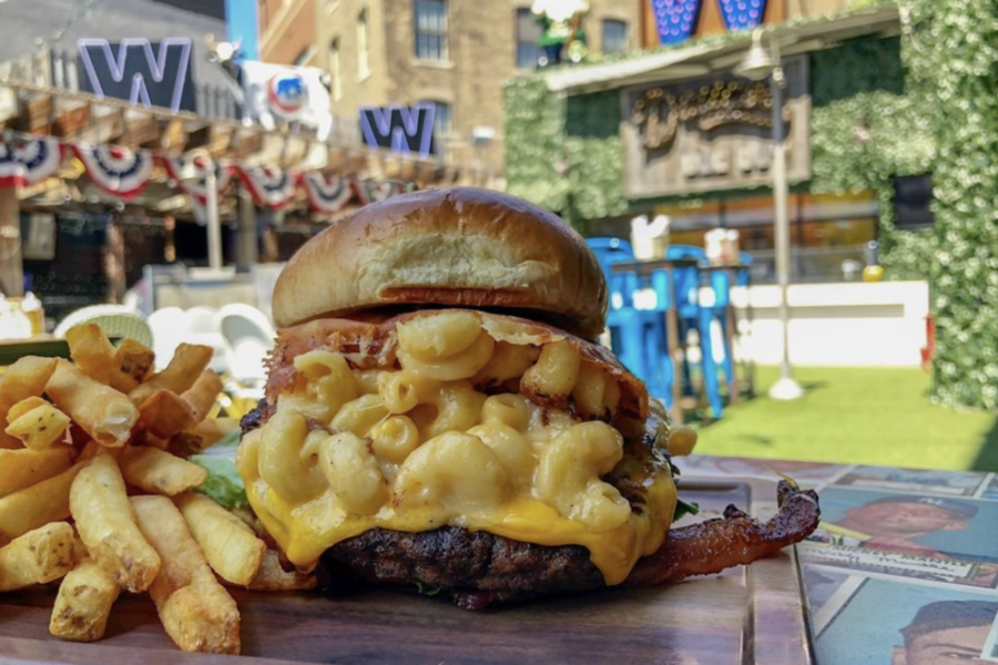 mac and cheese burger with a side of fries from deuce's in chicago