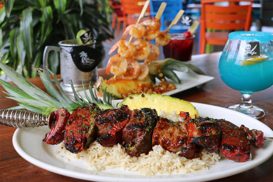 chicken curry skewers and rice from bahama breeze in tampa