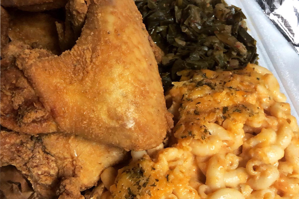 fried chicken, mac and cheese, and collard greens from Burnin' Barber-Que and More in tampa