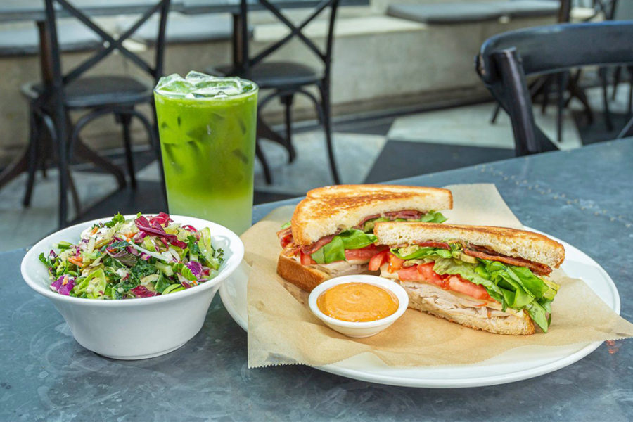 matcha, salad, and sandwich from oxford exchange in tampa