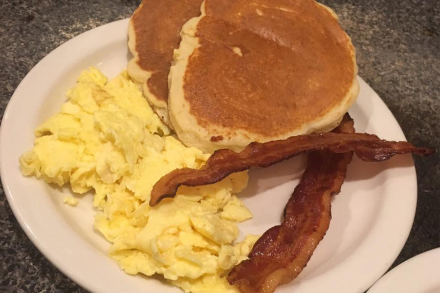 pancakes, eggs, and bacon strips from samaria cafe in tampa
