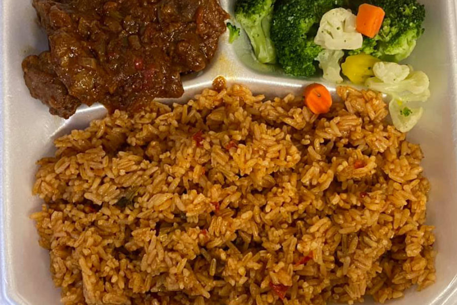 bbq meat, veggies, and fried rice from kontiki african restaurant in alexander, arkansas