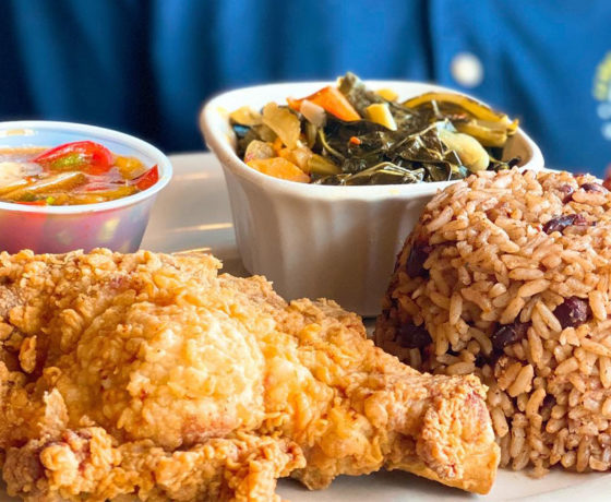 fried chicken, rice, collards, and coleslaw from 48th st grill in philly