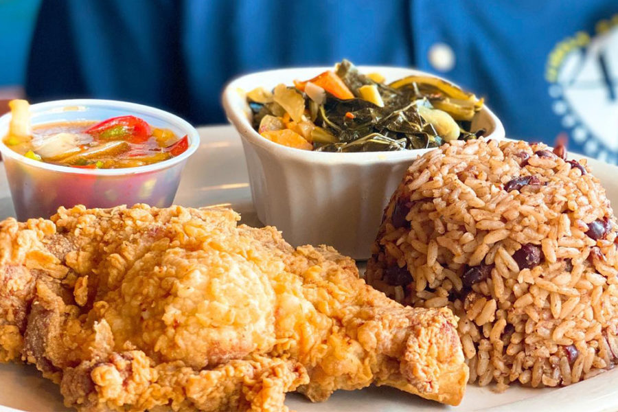 fried chicken, rice, collards, and coleslaw from 48th st grill in philly