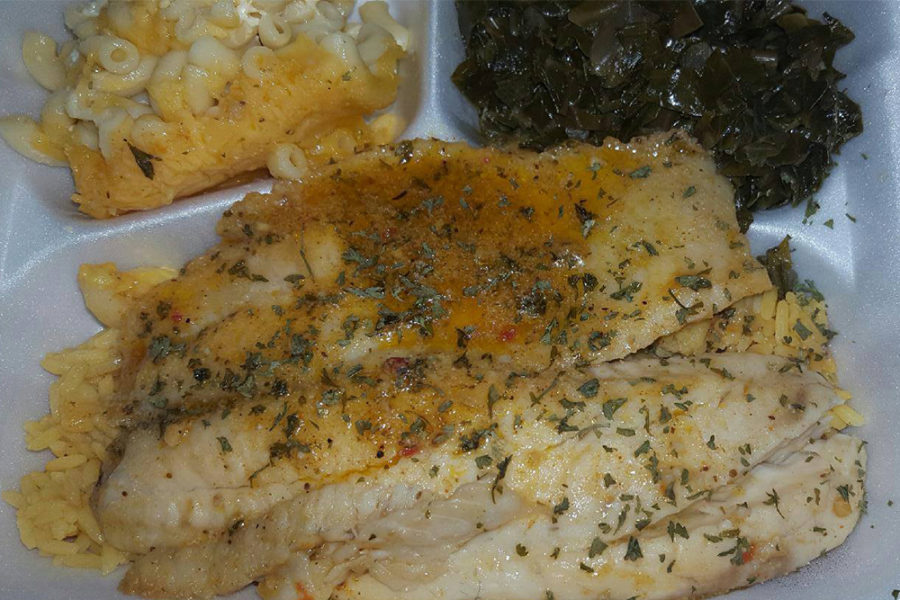 grilled fish, fried rice, mac and cheese, and collards from big daddy's soul food in tampa