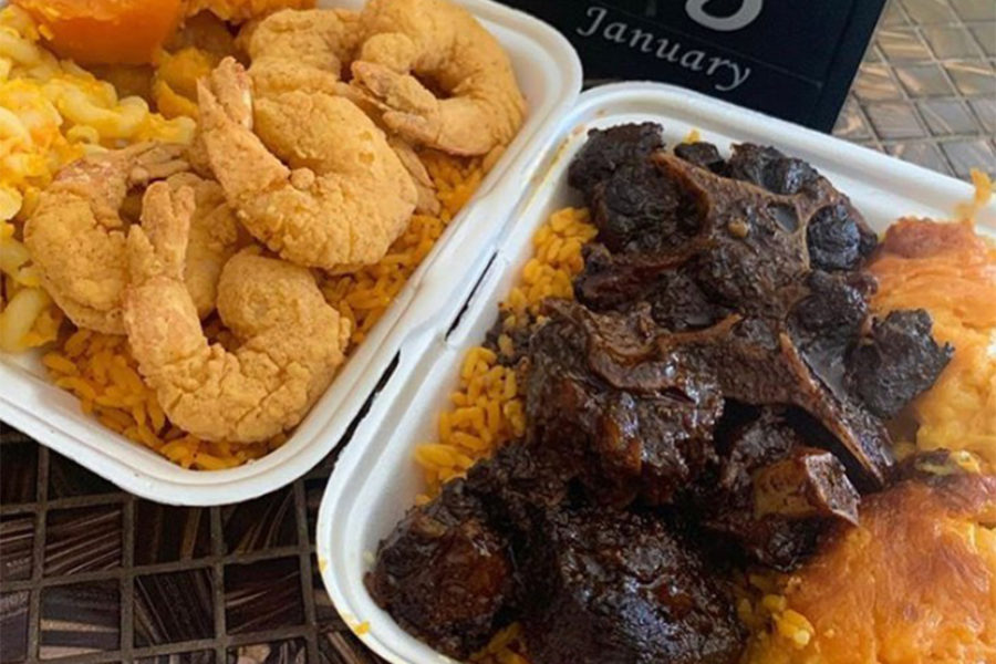 bbq meat, mac and cheese, fried rice, and fried shrimp from auntie's soul food and more in tampa