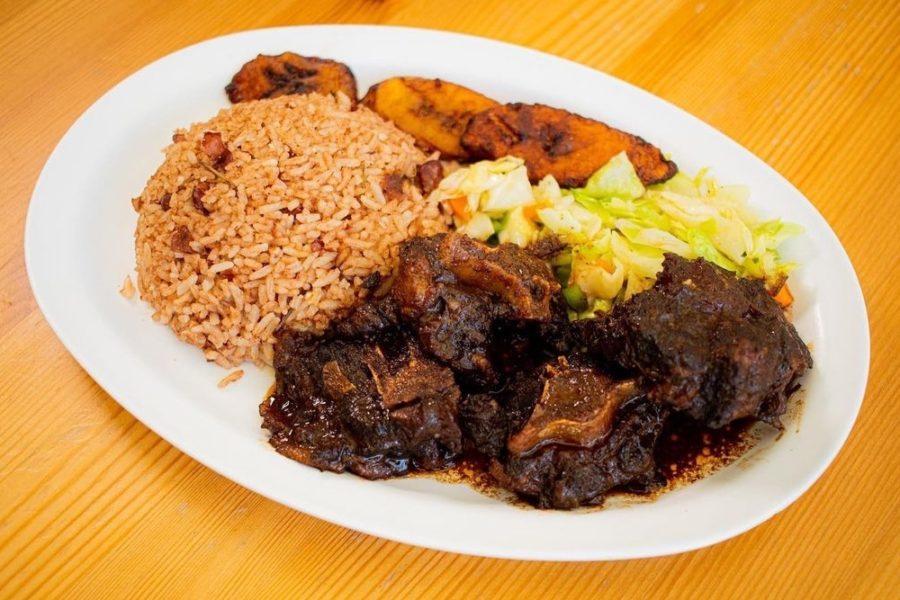 bbq meat, rice, and grilled plantains from ackee tree jamaican in san diego