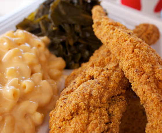 fried fish, mac and cheese, and collards from flavors southern cooking in chicago