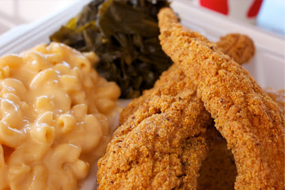 fried fish, mac and cheese, and collards from flavors southern cooking in chicago
