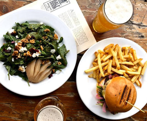 burger and fries with side salad from half door brewing co. in san diego