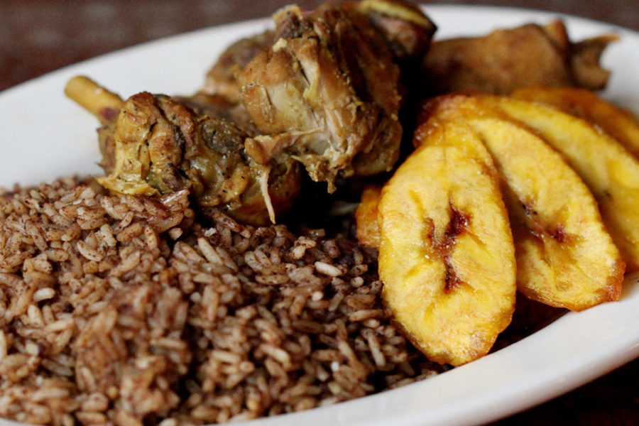 bbq chicken, rice, and plantains from Jerk Hut Island Grille and Beach Club in tampa