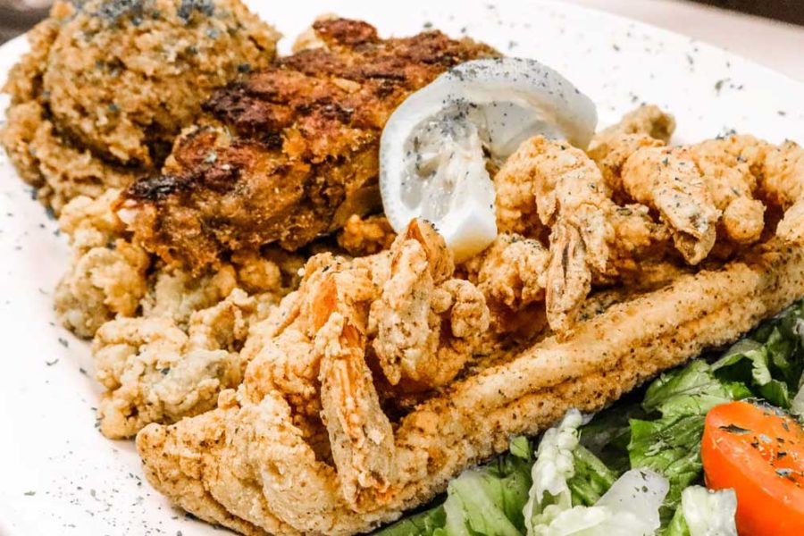 fried seafood and sides from neyow's creole cafe in new orleans