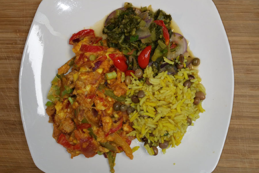 vegan southern inspired dish with rice and collards from ray's vegan soul in st petersburg