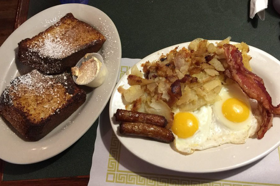 eggs, hashbrowns, strips of bacon, sausage links, and french toast from south street diner in philly