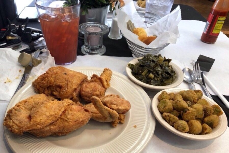 fried chicken, fried okra, collards, and cornbread from al's finger licking good soul food in tampa