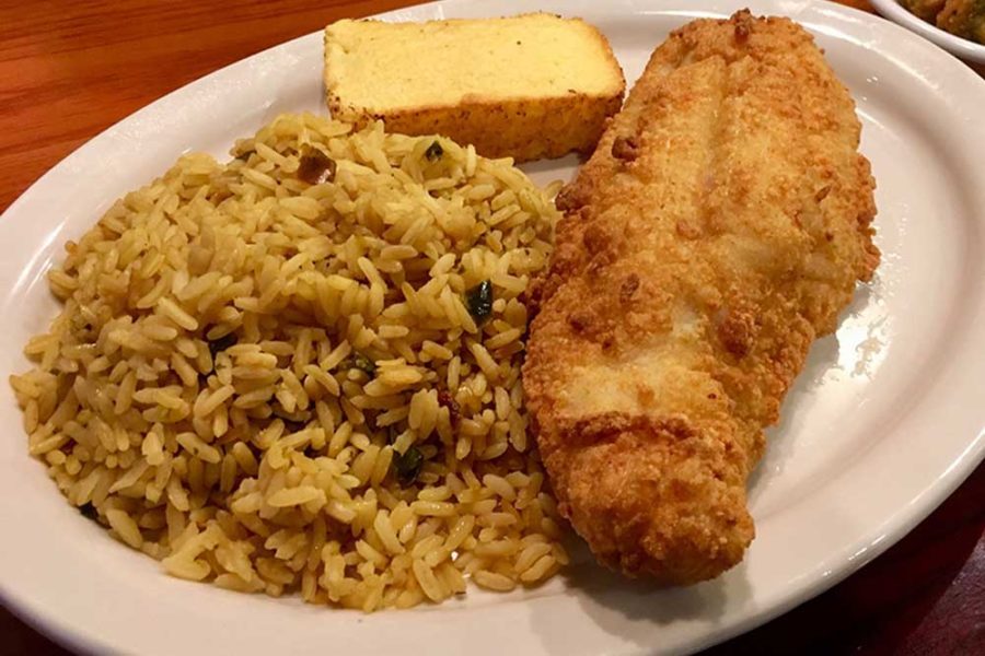 fried fish, cornbread, and rice from jake's soul food cafe in hoover, alabama
