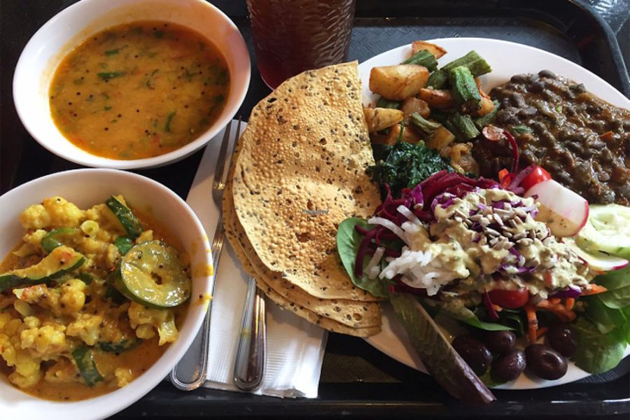 vegetarian entree, soup, and side dish from kalachandji's in dallas
