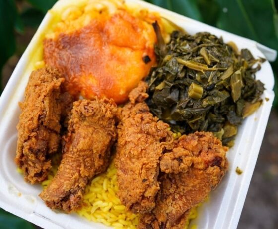 mac and cheese, rice, fried chicken, and collard greens from ladies of the sea in tampa
