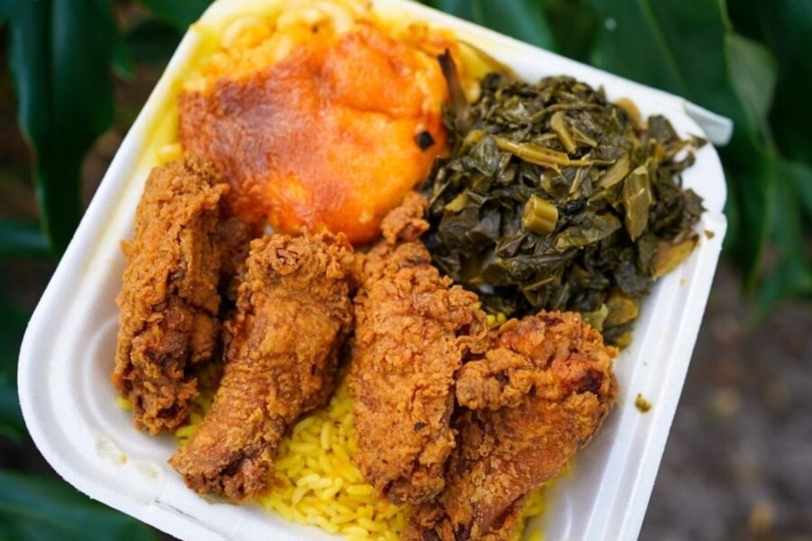 mac and cheese, rice, fried chicken, and collard greens from ladies of the sea in tampa