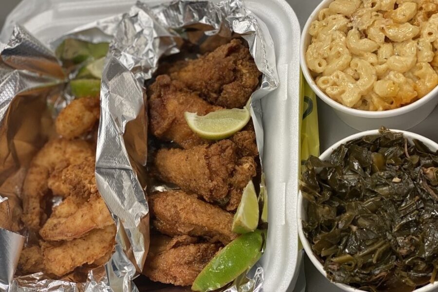 fried shrimp, wings, mac and cheese, and collards from yuppi in tampa