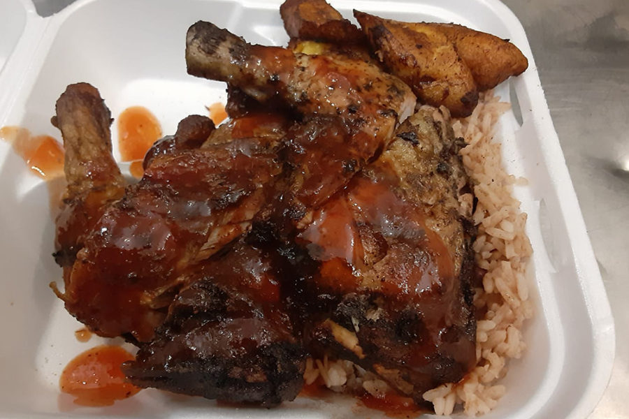 rice with bbq chicken wings from jamaican grill in denver