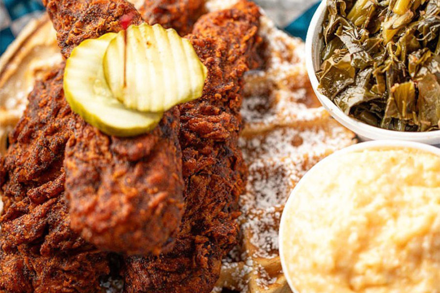 hot fried chicken with sides of collards and grits from palmer's hot chicken in dallas