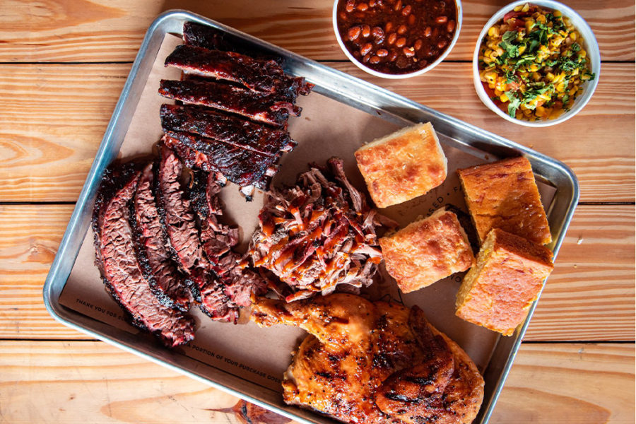 bbq ribs, grilled chicken, pulled chicken, and cornbread from 4 rivers smokehouse in tampa