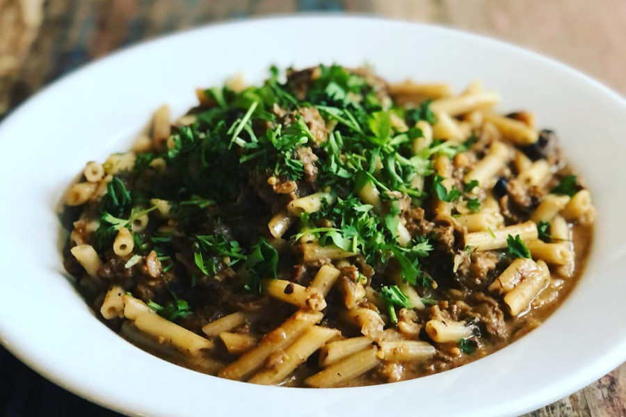ground beef pasta from harlow cafe and juice bar in portland, oregon