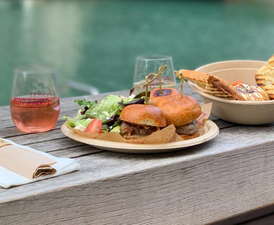 burger sliders, side salad, panini and rose from city winery in chicago