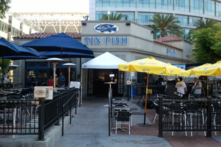 the exterior and outdoor patio of tin fish in san diego