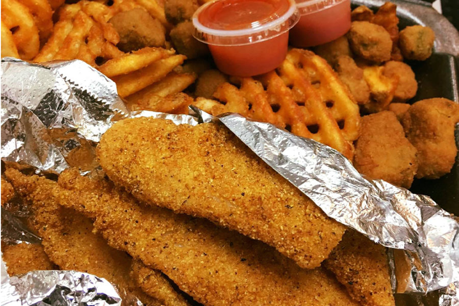 fried fish, fries, and fried okra from genna rae's wings in denver