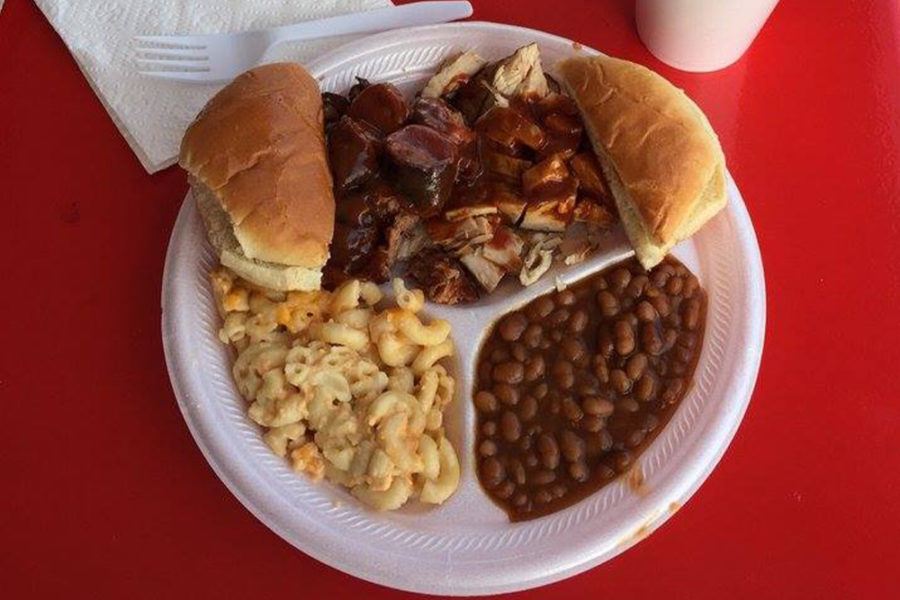 plate of bbq chicken, baked beans, and mac and cheese from big john's alabama bbq in tampa