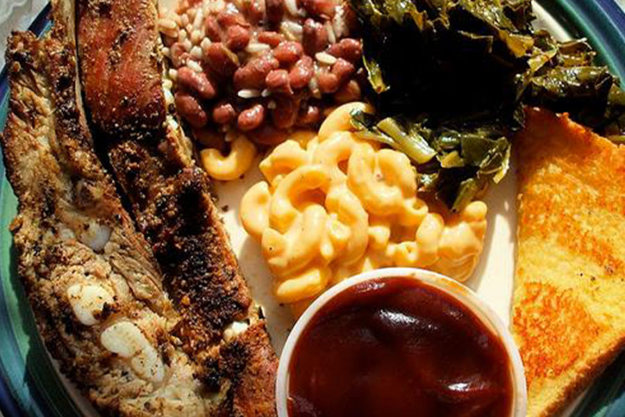 bbq ribs, baked beans, mac and cheese, and collards from sweet georgia brown bar b-que buffet in dallas