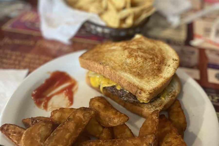 cheese burger and fries from Butch Cassidy’s Café in selma, AL