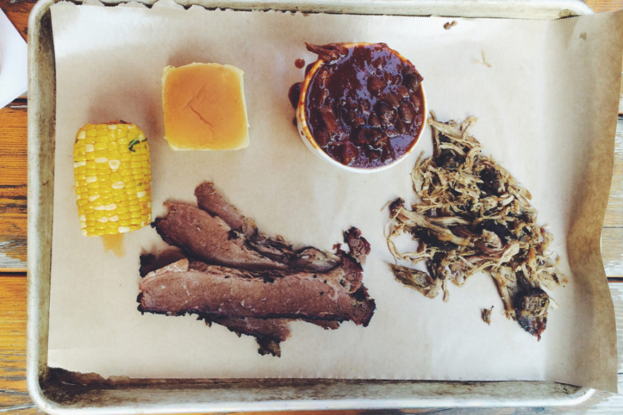 bbq meat, corn, bread roll, baked beans, and pulled chicken from fette sau in philly