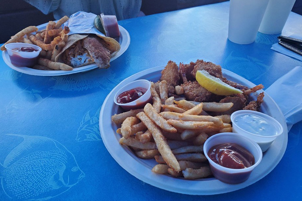 Fried Fish, Fried Shrimp, Fries, from Harbor Fish, Carlsbad, CA