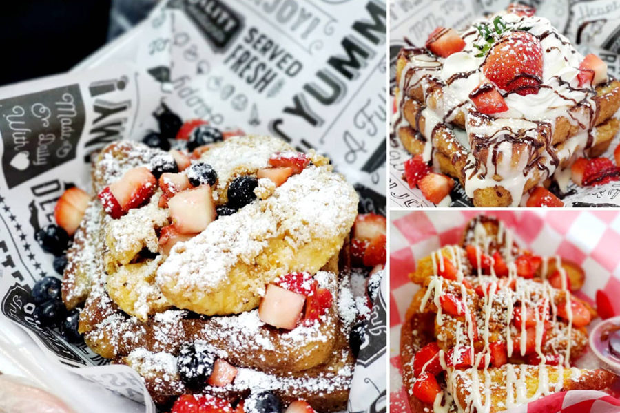 waffles, french toast, and pancakes topped with fresh fruit, whip cream, drizzle, and powdered sugar from get toasted food truck in bixby, oklahoma