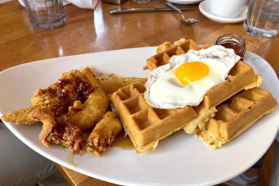 chicken and waffles from meli cafe in Chicago