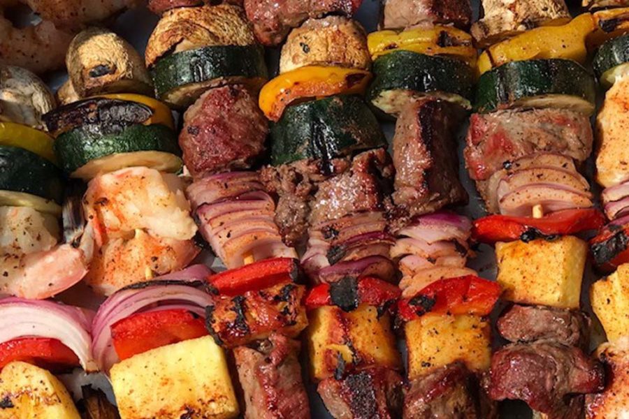 meat and veggie skewers from gejas cafe in Chicago 