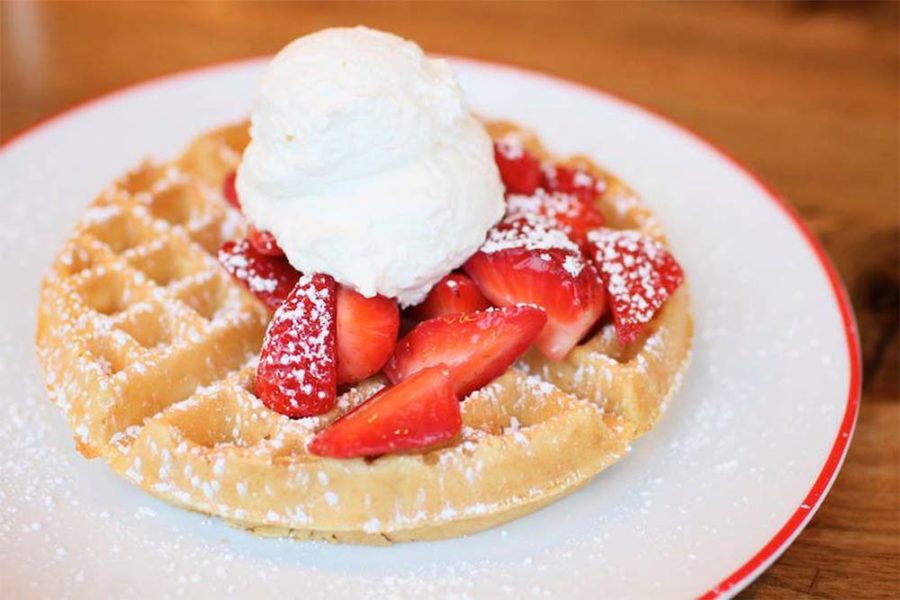 waffle topped with moco's founding farmers in potomac, maryland