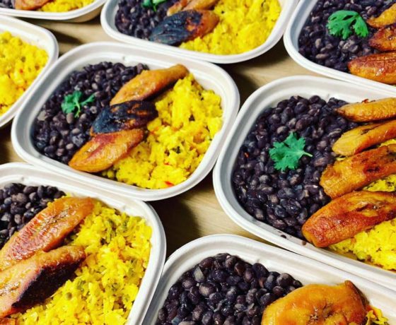 yellow rice, fried plantains, and black beans from pure kitchen in tampa