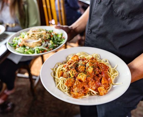 spaghetti and sauce with side salad from the old spaghetti factory in san diego