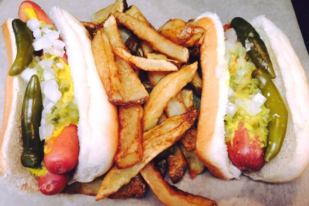 Chicago-Dogs and fries from Jimmy's Red Hots, Chicago, IL