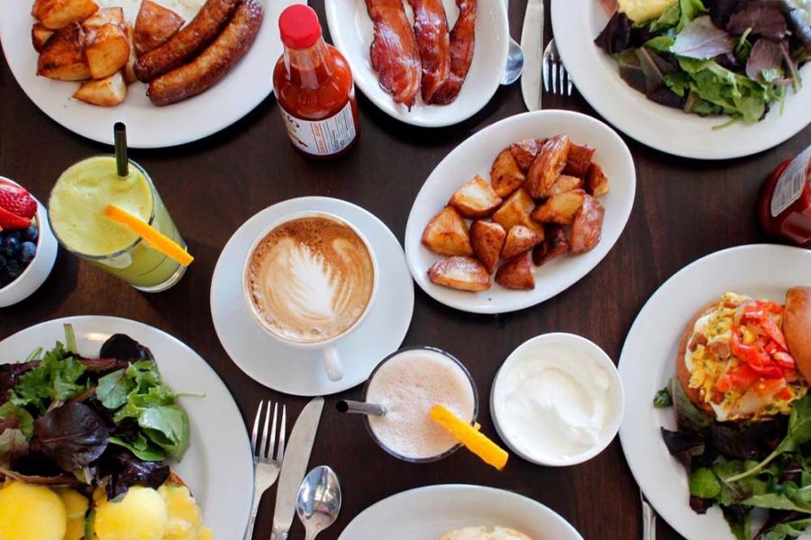 an assortment of breakfast dishes and drinks from bacco cafe