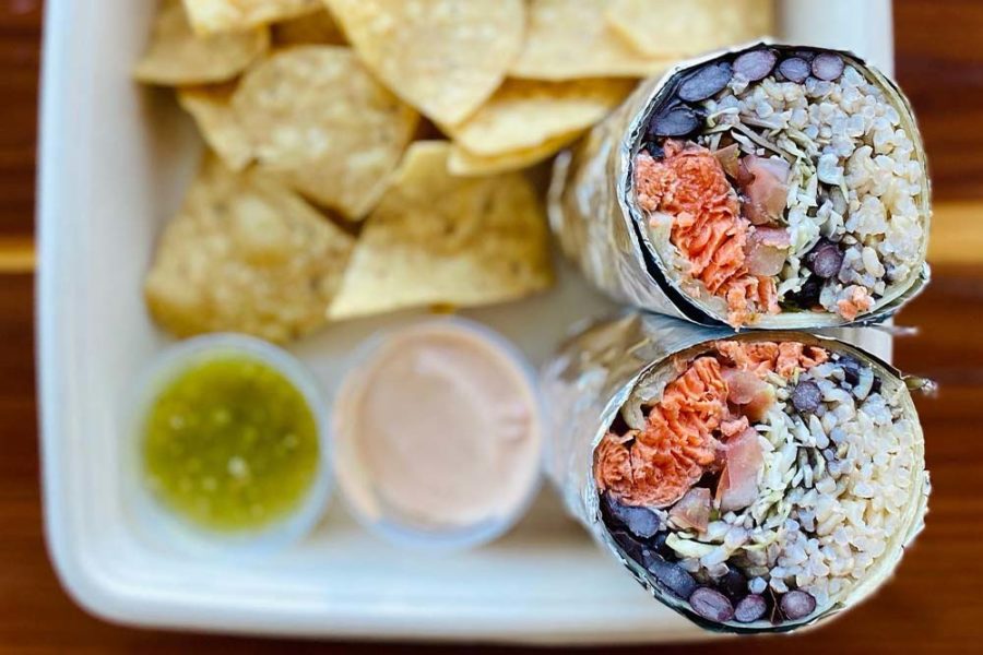 buritto with chips from fish 101 in Encinitas, california