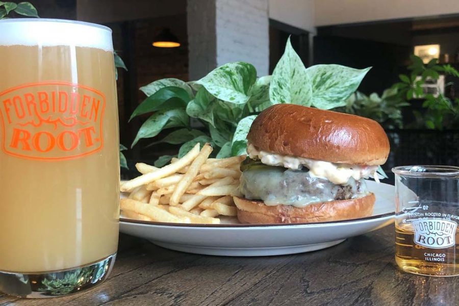 cheeseburger, fries, and a glass of beer from forbidden root restaurant and brewery in chicago